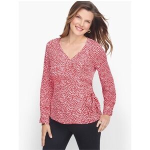 Talbots Wrap Blouse with Side Tie Size 1X Red & White Leopard Print